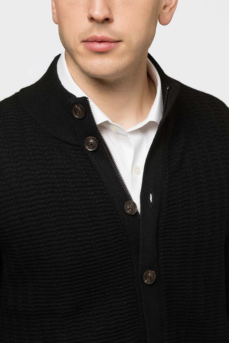 Richard Del Toro Textured Button Full Zip-Black - Emporio