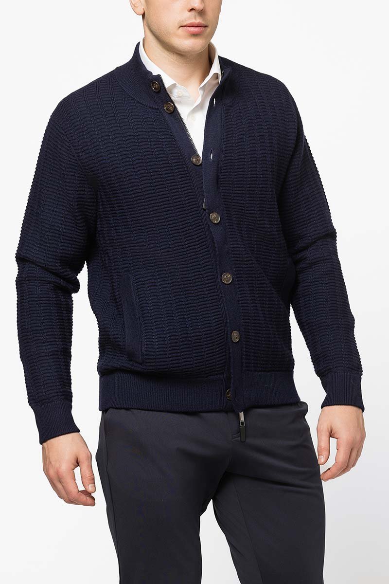 Richard Del Toro Textured Button Full Zip-Navy - Emporio