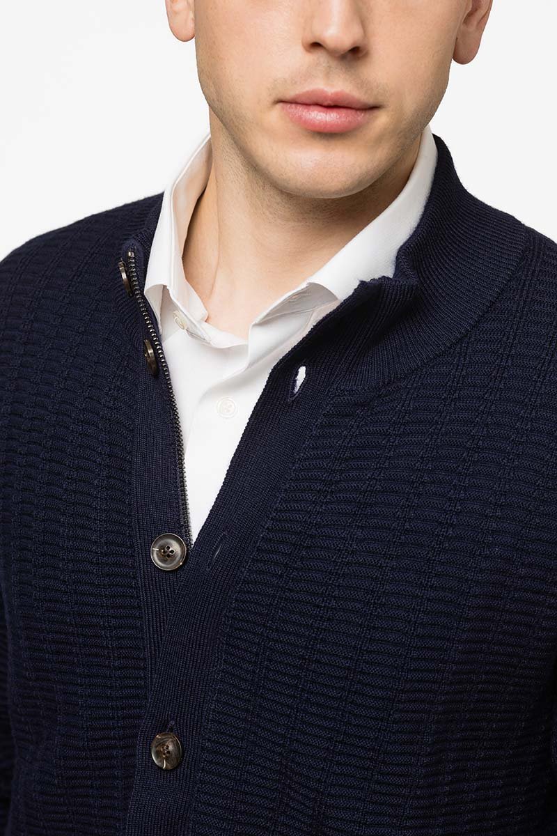 Richard Del Toro Textured Button Full Zip-Navy - Emporio